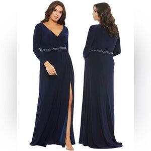Mac Duggal 67899 Midnight Navy Beaded Belt Jersey Faux Wrap Long Sleeve Gown 14W